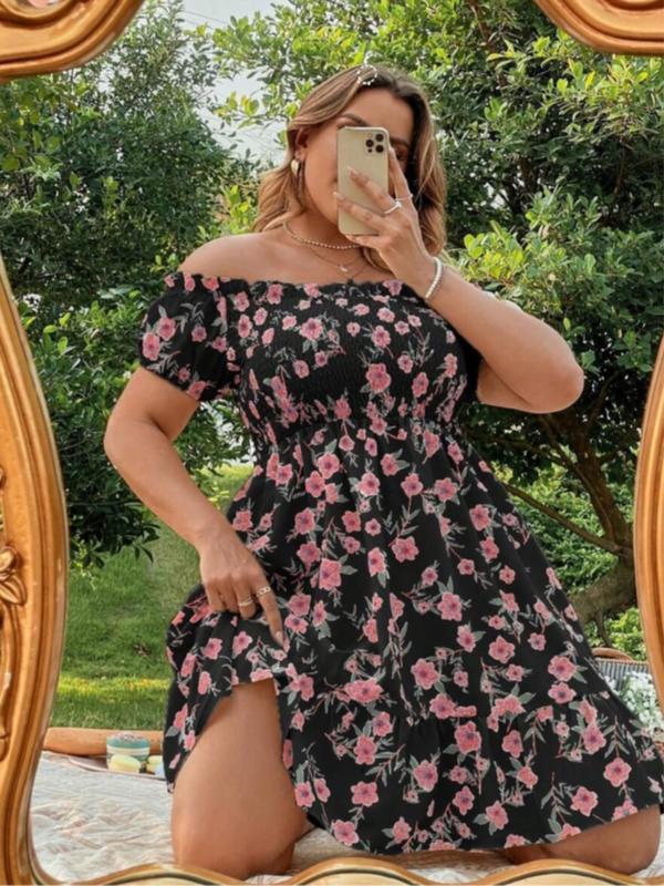 Plus Size All Over Floral Print Frill Trim Shirred Off Shoulder A Line Dress
