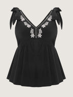 Cotton Floral Embroidered Neckline Shoulder-Tie Tank Top