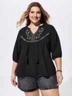 Cotton Boho Embroidered Tassel Blouse