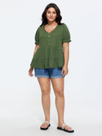 Stretchy Tiered Button Detail Knit Top