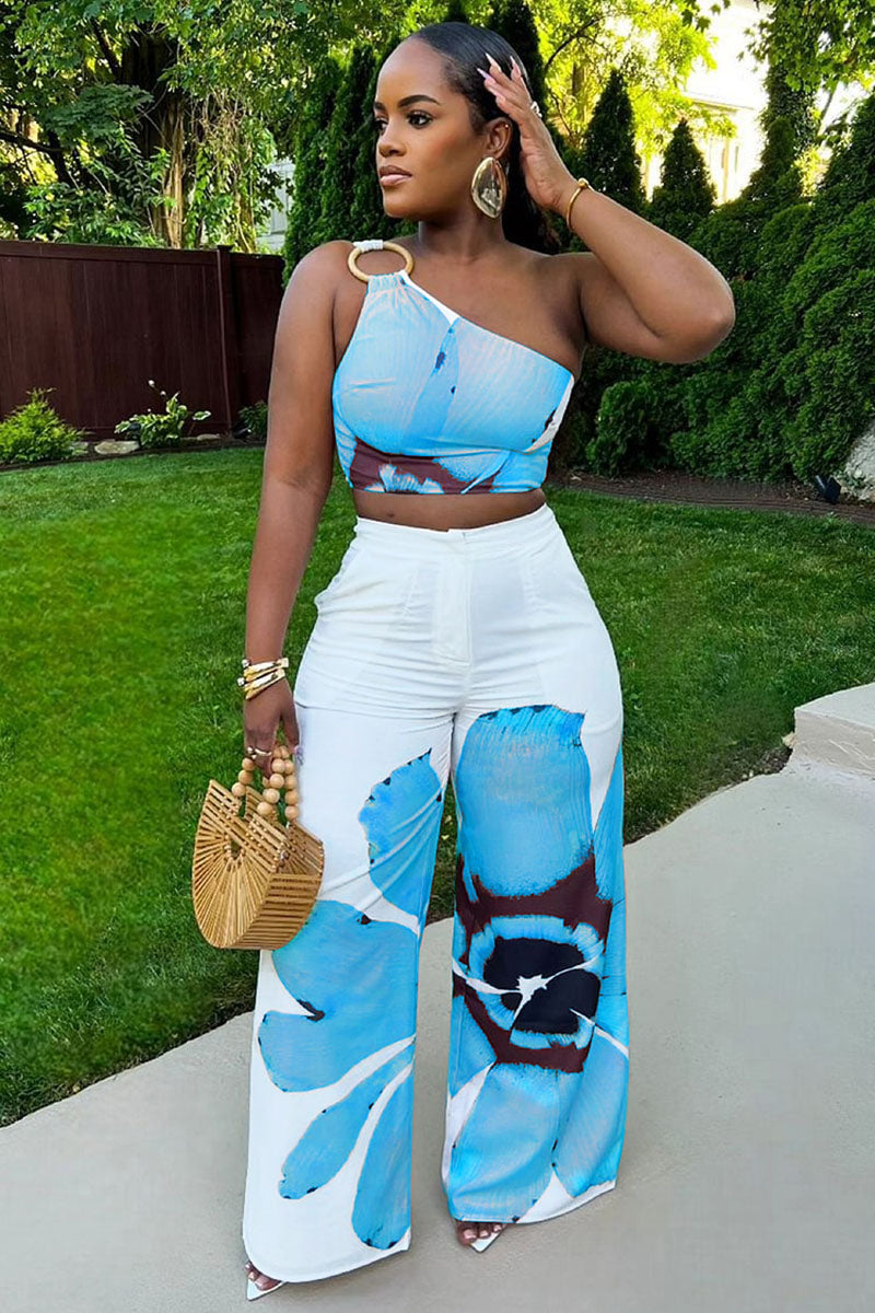 One Shoulder Crop Top Floral Wide Leg Pants Daily 2pcs Set-White