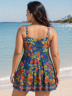 Vibrant Floral Print Twist Front Swim Dress