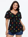 Cotton Stretchy Colorful Dot Print Drawstring Babydoll Top