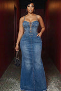 Denim Spaghetti Strap Lace Up Raw Edge Casual Maxi Dresses-Blue