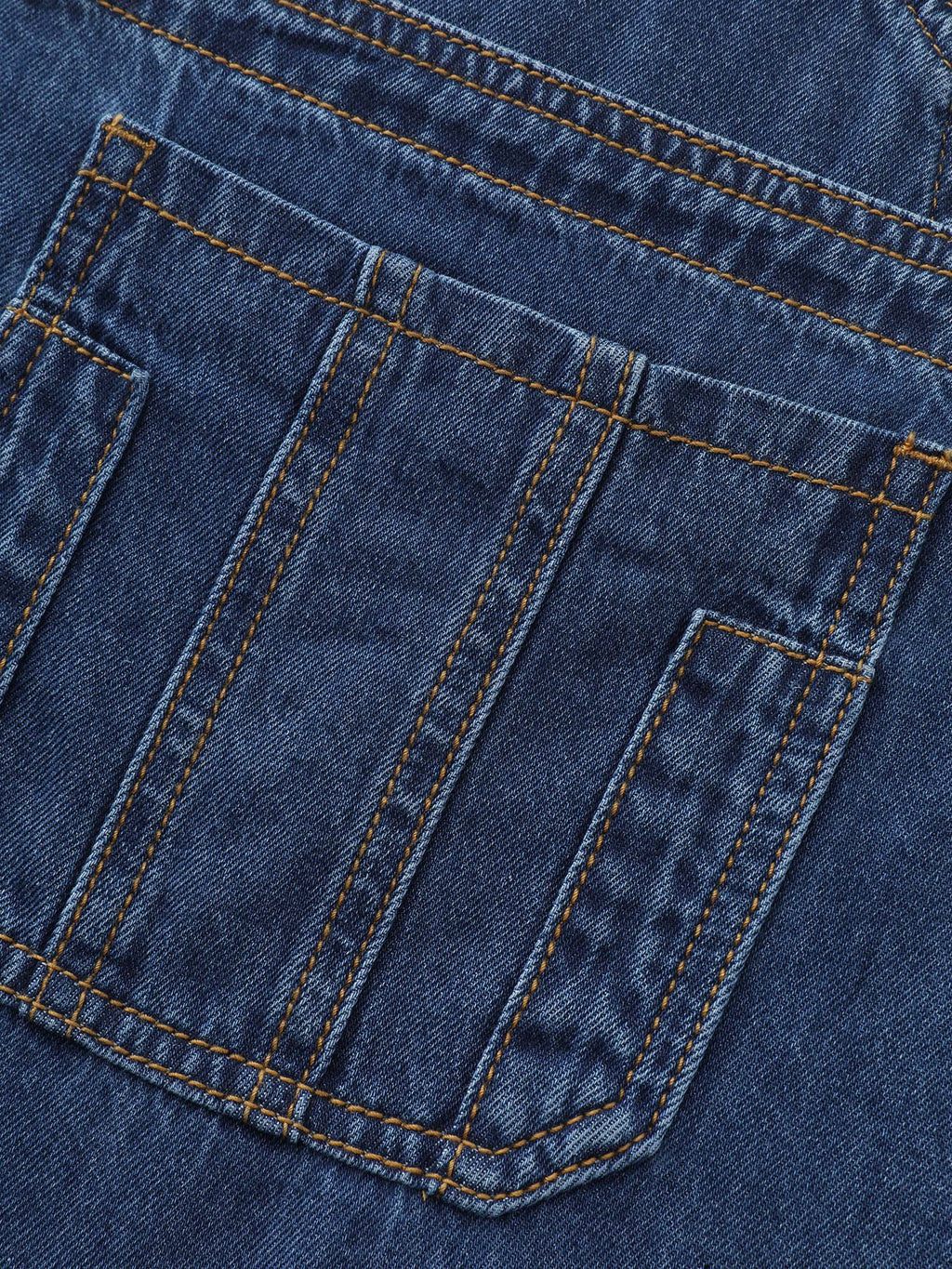 Stretchy Overall Straps Pleated Mini Denim Dress