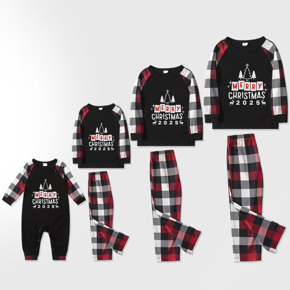Christmas Family Matching Pajamas-Red and Gray Plaid Pjs set with “Merry Christmas” Print
