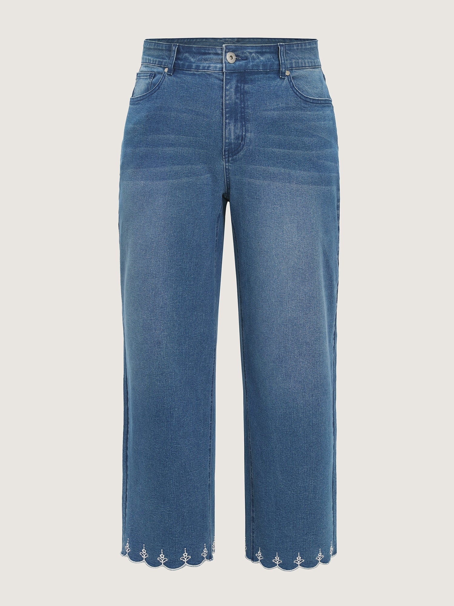 Stretchy Embroidered Hem Wide-Leg Jeans