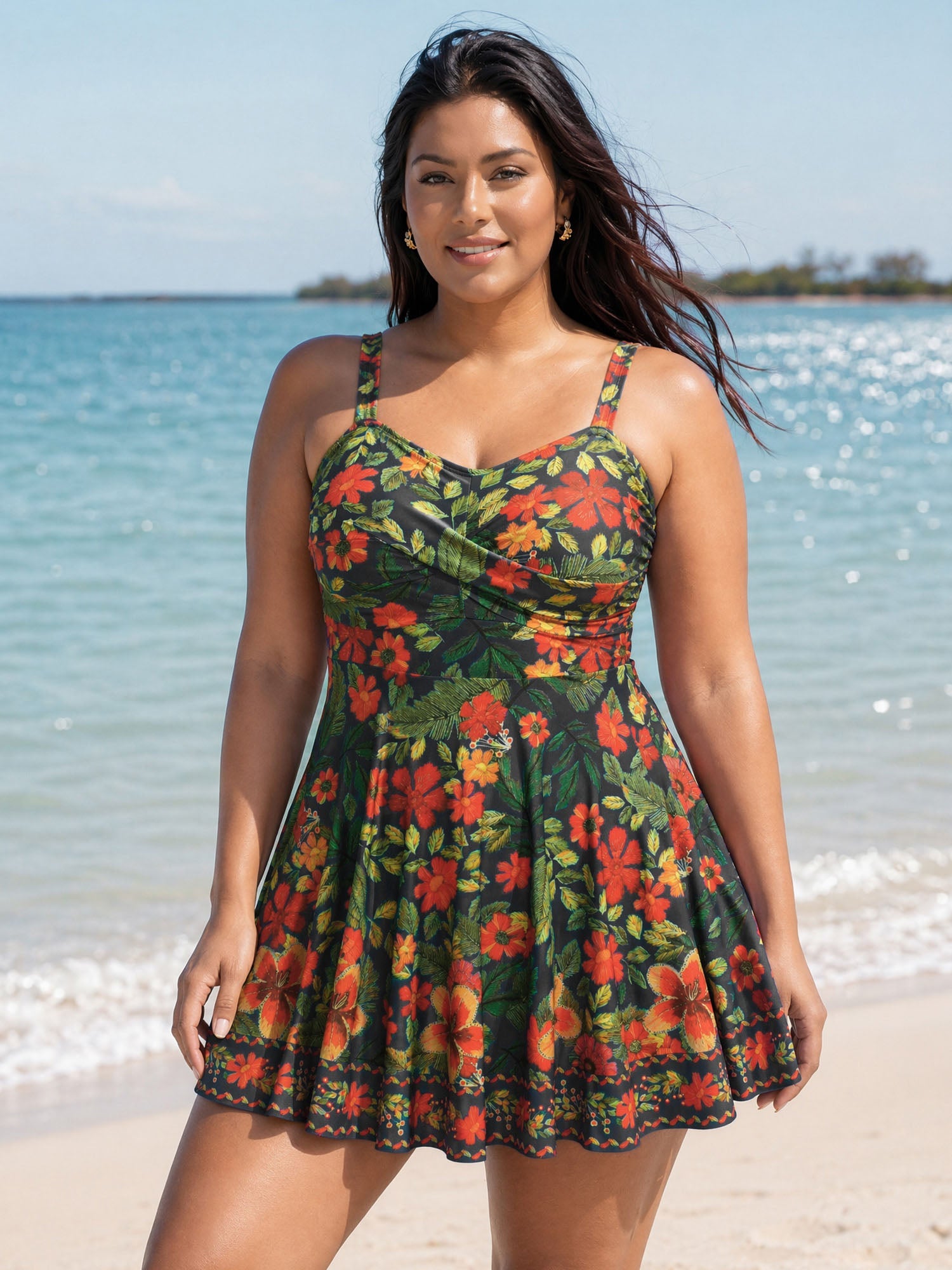 Vibrant Floral Print Twist Front Swim Dress