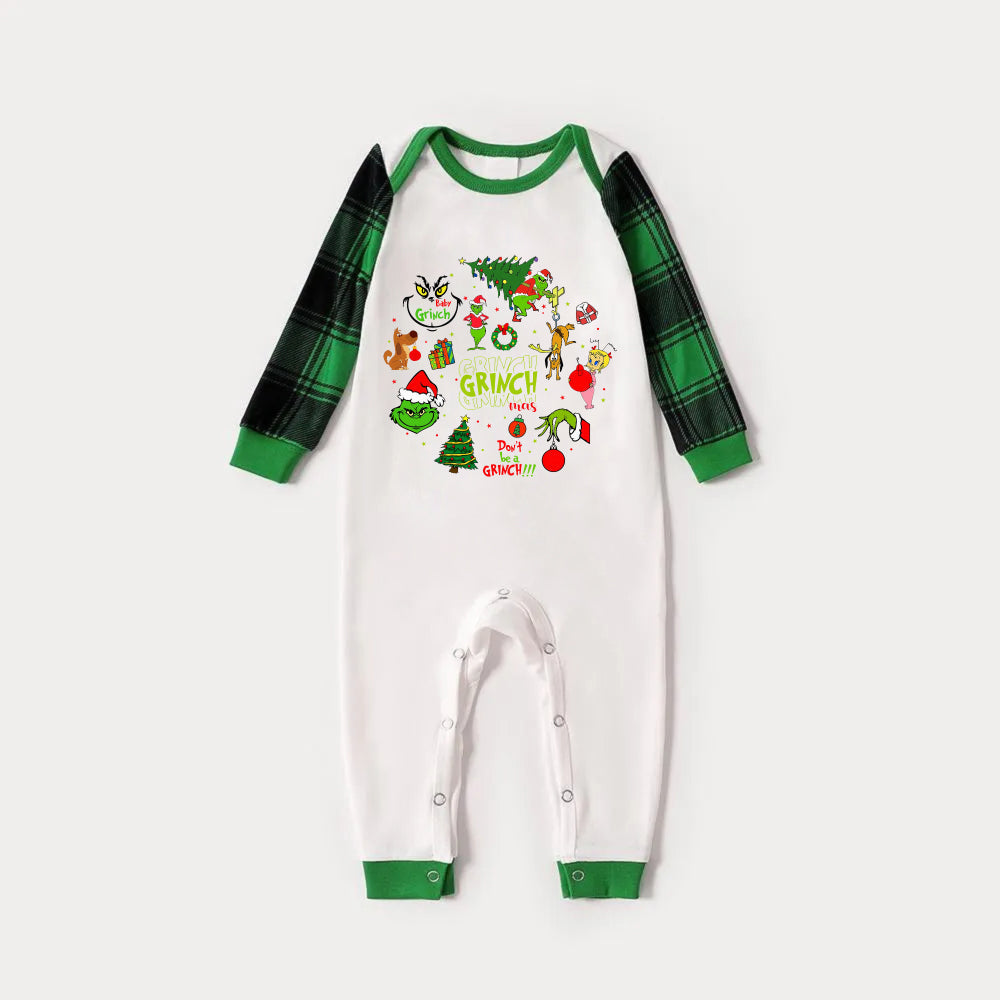 Green Raglan Top Green Plaid Christmas Pajamas Set With Christmas trees and “GRINCH” Print
