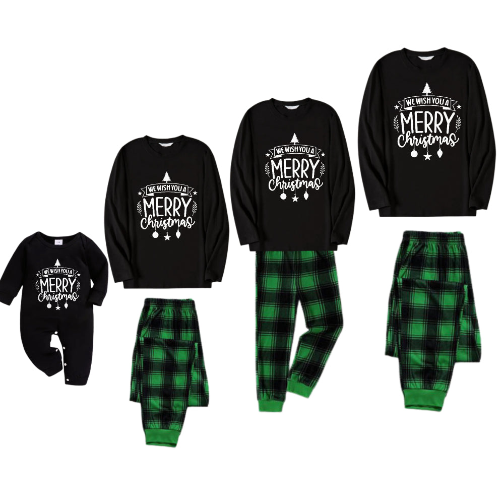 Christmas Family Matching Pajamas-Black Top and Green Plaid Pants Pjs Set with "We Wish You A Merry Christmas" Black&White Print