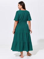 Shirred Waist Split Neckline Tiered Maxi Dress