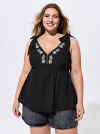 Cotton Floral Embroidered Neckline Shoulder-Tie Tank Top
