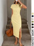 Elegant Waist Twist High Slit Sleeveless Midi Dress, Casual Apricot Textured Bodycon Dress, Women's Birthday Outfit, Women's Fitness Set, Women's Wedding Guest Dress, Women's Office Wear, White Graduation Dress
