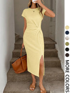 Elegant Waist Twist High Slit Sleeveless Midi Dress, Casual Apricot Textured Bodycon Dress, Women's Birthday Outfit, Women's Fitness Set, Women's Wedding Guest Dress, Women's Office Wear, White Graduation Dress