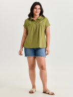 Collared Plain Pleated Half-Placket Blouse