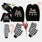"Family Christmas 2025" Letter Printed Black Long Sleeve Top with Black And White Plaid Pants Family Matching Pajamas