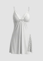 Sexy Milk Silk Lace Babydoll Nightdress with Side Slit