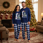 Couple Blue Plaid Pajamas Set with Snowman & Christmas Tree Print