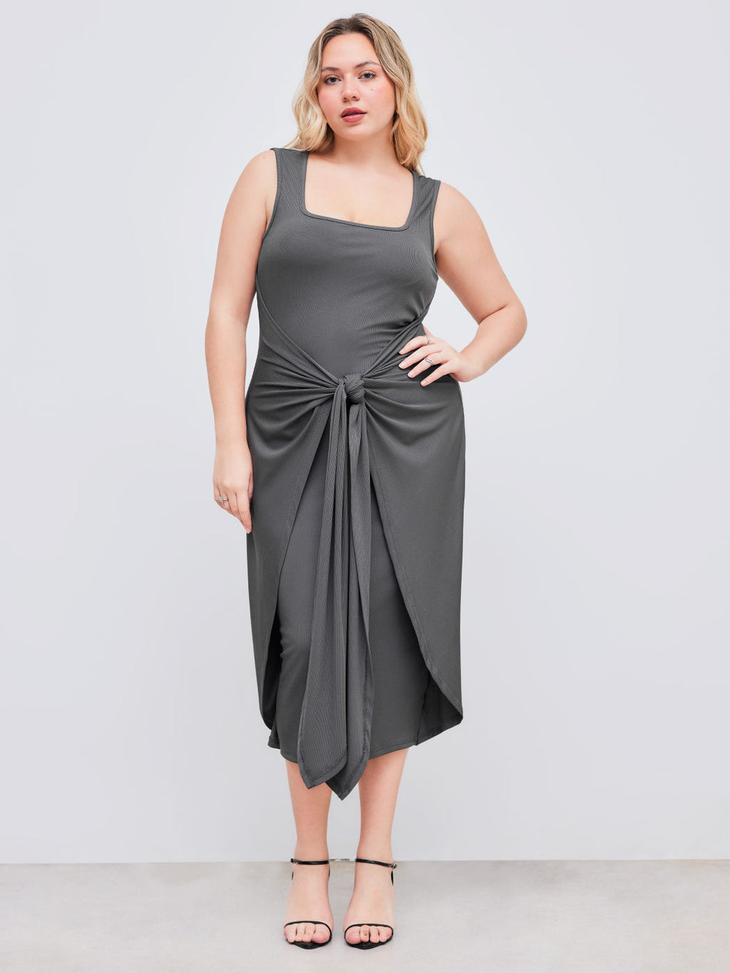 Square Neck Solid Twist Knotted Maxi Dress Curve & Plus Dress