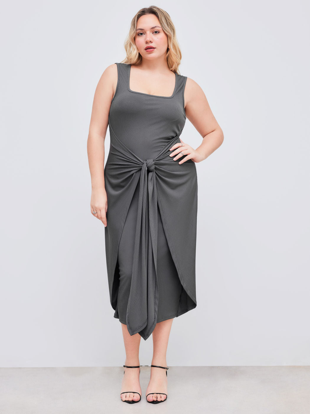 Square Neck Solid Twist Knotted Maxi Dress Curve & Plus Dress