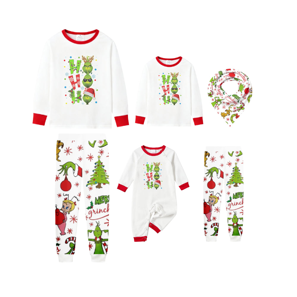 Family Christmas White Pajamas Set With "HO HO HO" & Cute Christmas Character Print