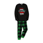 Christmas Family Matching Pajamas-Black Top and Green Plaid Pants Pjs Set with "Christmas Crew Making Memories Together" Artistic Font Print
