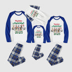 Christmas Family Matching Pajamas-Blue Raglan Top Blue Plaid Pants Pjs Set with Doggy and "Merry Christmas" Letter Print