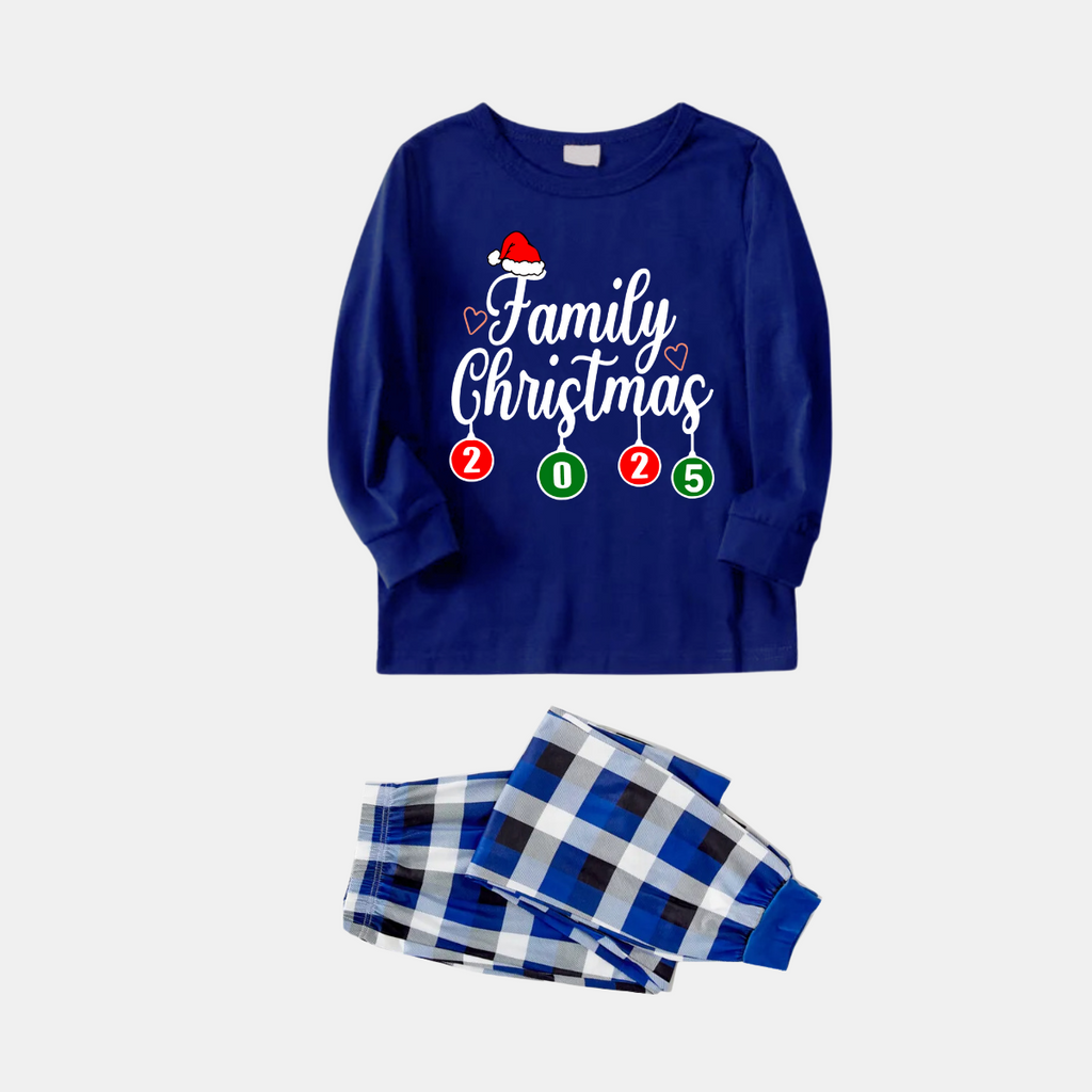 "Family Christmas 2025" Letter Printed Blue Long Sleeves with Blue&White&Black Plaid Pants Family Matching Pajamas