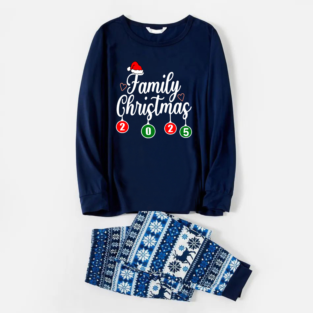 "Family Christmas" 2025 Letter Print Blue Family Matching Pajamas With Dog bandana