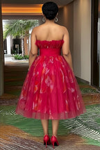 Strapless Cinch Waist Floral Pattern Mesh Gowns Midi Dresses-Red