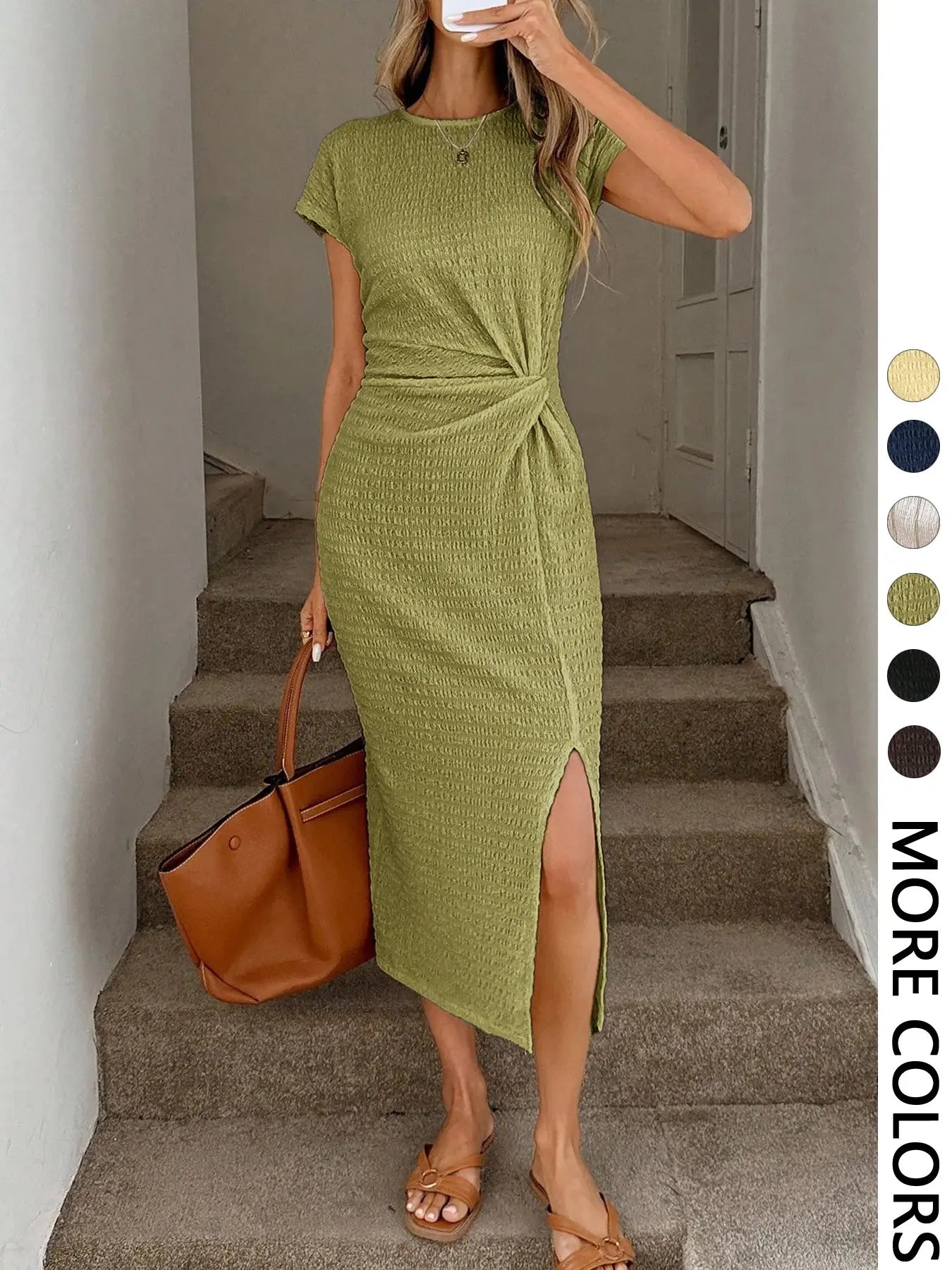 Elegant Waist Twist High Slit Sleeveless Midi Dress, Casual Apricot Textured Bodycon Dress, Women's Birthday Outfit, Women's Fitness Set, Women's Wedding Guest Dress, Women's Office Wear, White Graduation Dress