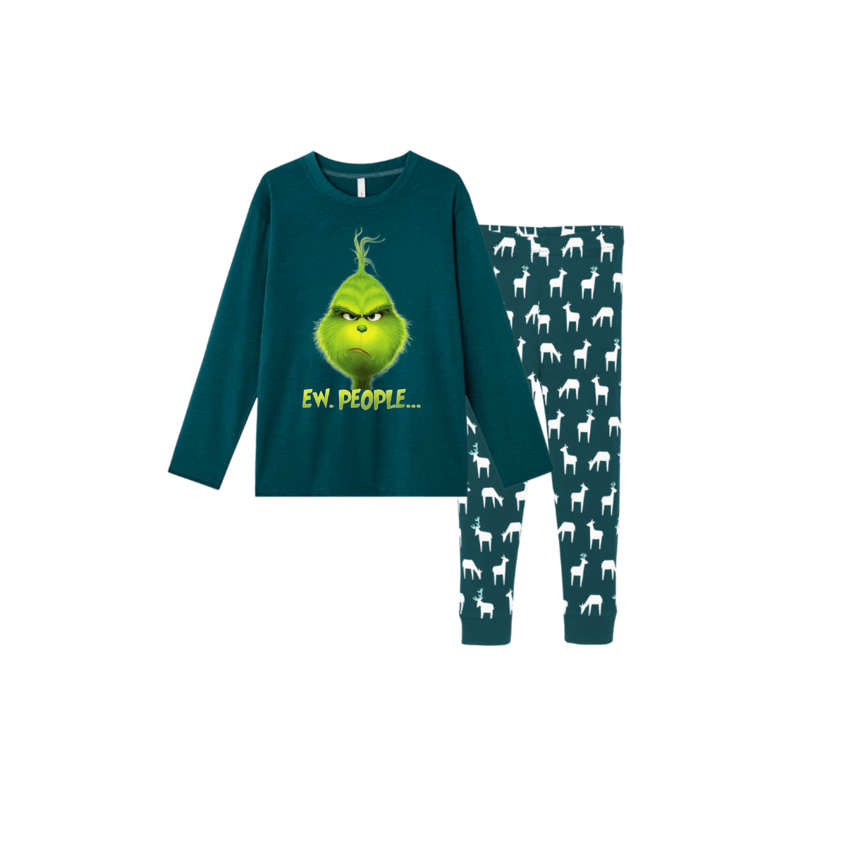 Christmas Family Matching Pajamas-Dark Green&Deer Patterned Pjs Set with Grinch and "Ew People" Print