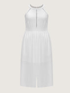 Lace Shirred Waist Halter Neckline Midi Dress
