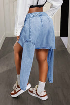 Denim Faux Sleeve Sash Tie-Waist Irregular Slim Fit Casual Mini Skirt-Blue