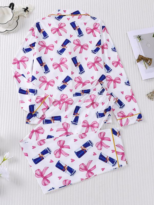 Women's Striped Bow Print Long Sleeve Woven Pajama Set, Sweet Cute Button Front Top and Pants, Casual Home Wear for All Seasons