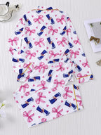 Women's Striped Bow Print Long Sleeve Woven Pajama Set, Sweet Cute Button Front Top and Pants, Casual Home Wear for All Seasons