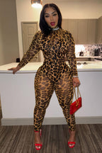 High Neck Leopard Print Semi-Sheer Bodycon Party Jumpsuit-Brown
