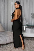 3D Flower Decor High Collar Open Back Bodycon Party Maxi Dresses-Red