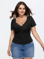 Cotton Lace Trim V-Neckline T-Shirt