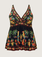 Tropical Floral Print V-Neck Swim Top