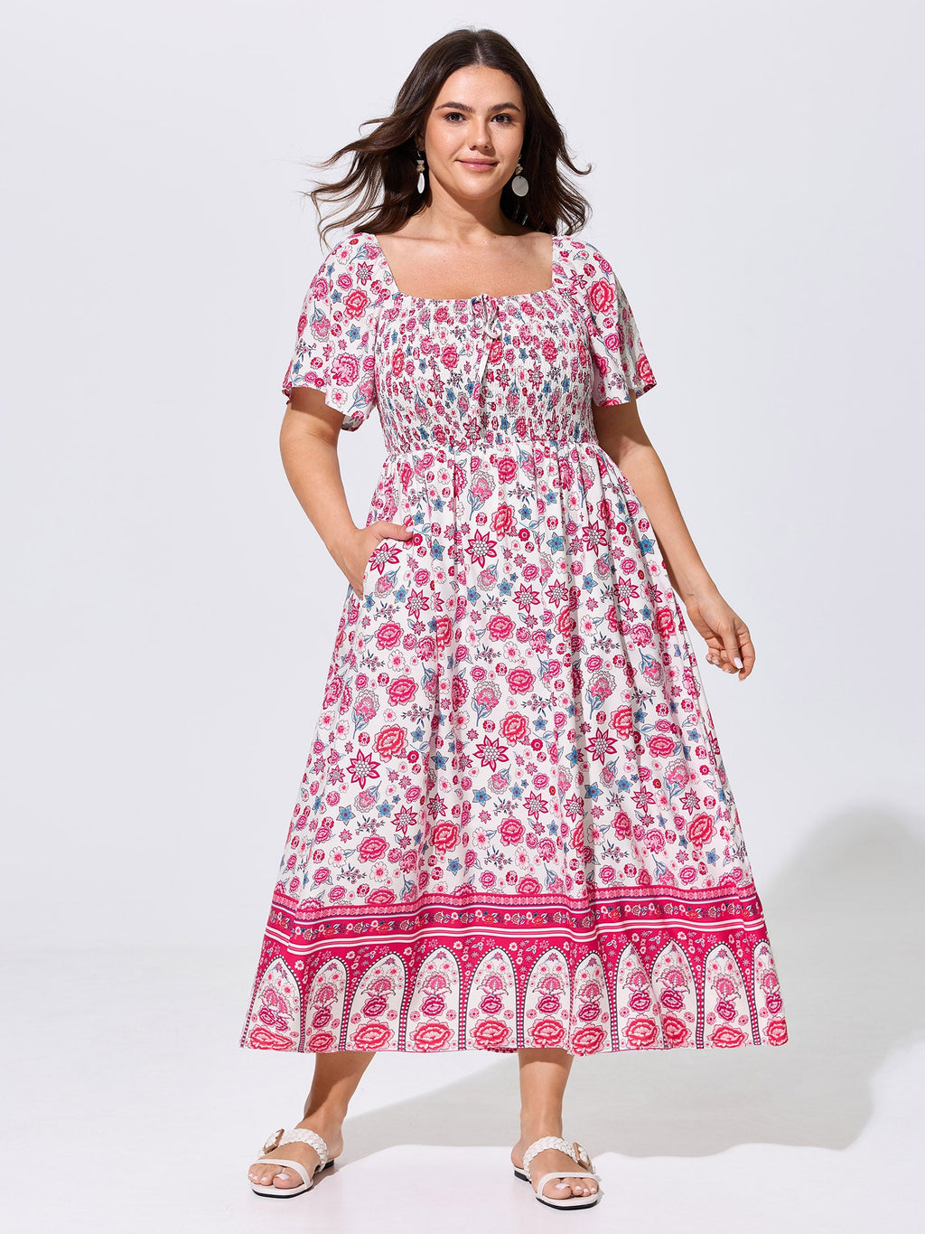 Floral Print Square Shirred Bodice Maxi Dress