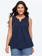 Cut-Out Lace Neckline Pleated Tank Top