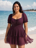 Sheer Ruched Bodice Tiered Swim Dress