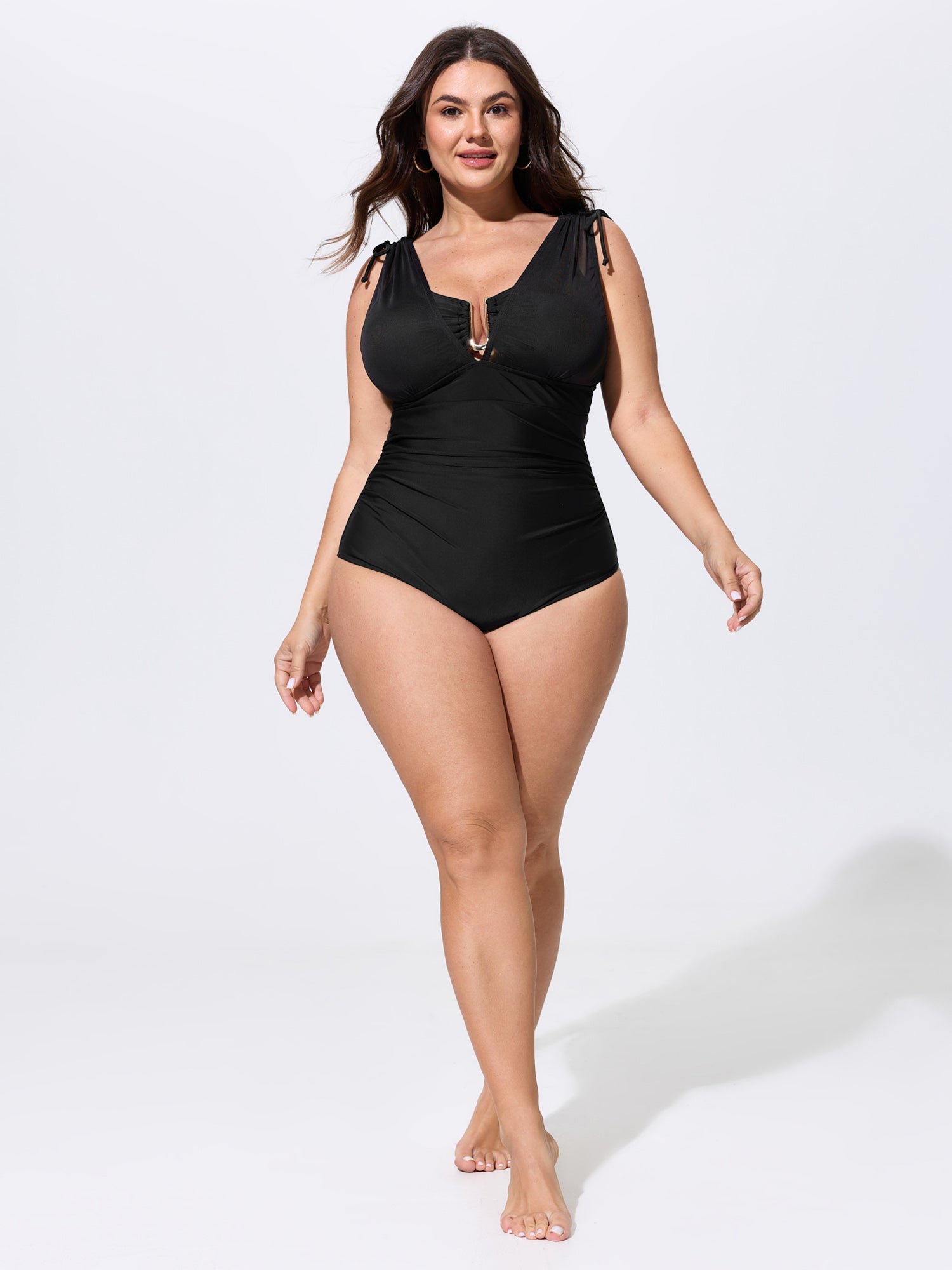 Adjustable Shoulder-Tie Ruched One-Piece Swim