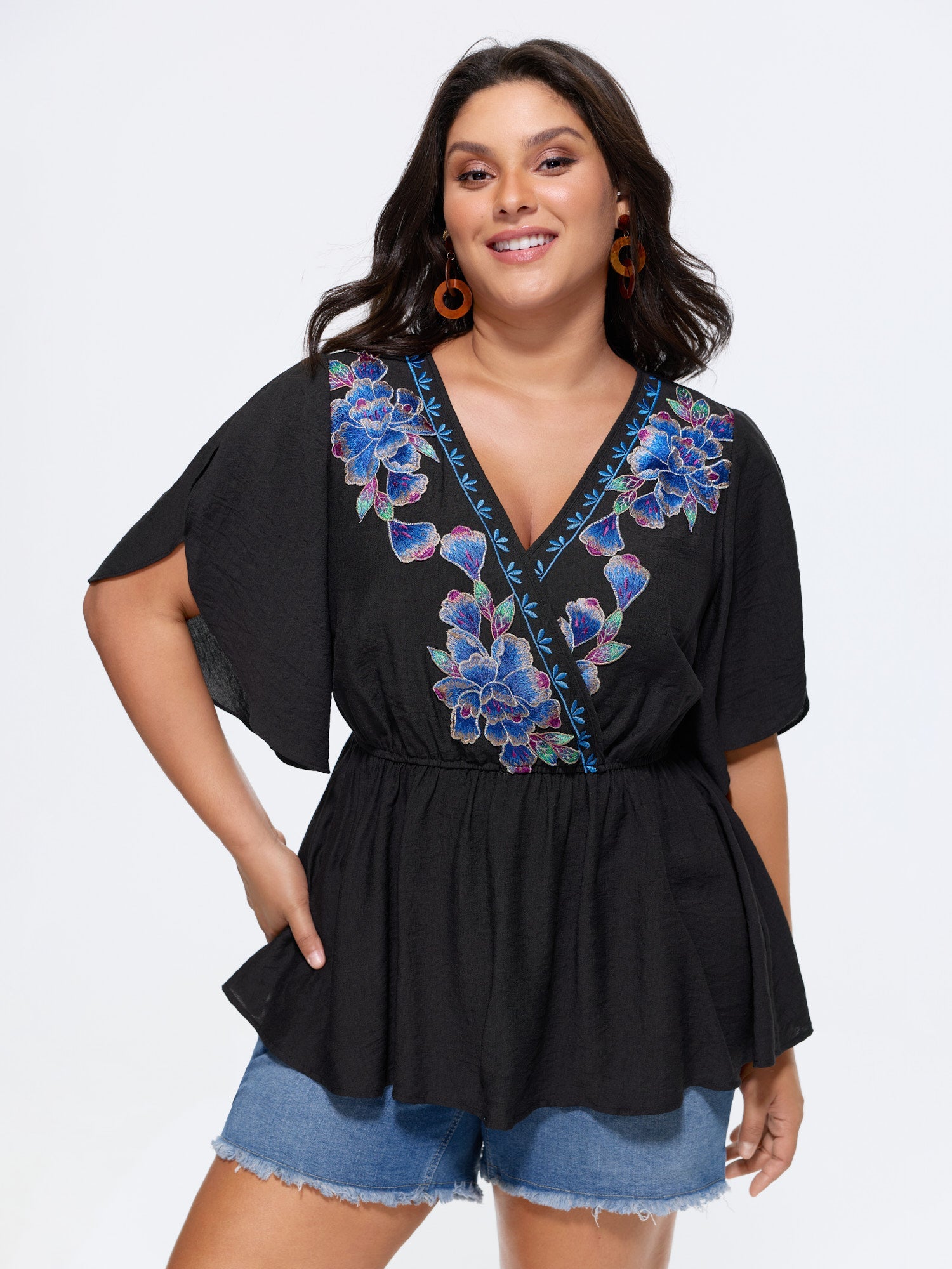 Floral Embroidered Wrap Neckline Top