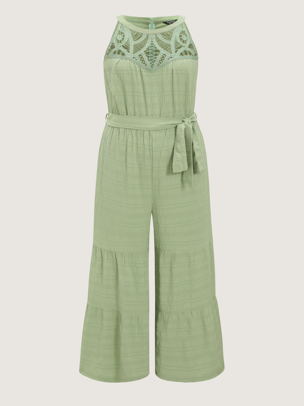 Sheer Lace Neckline Ruffled Hem Jumpsuit