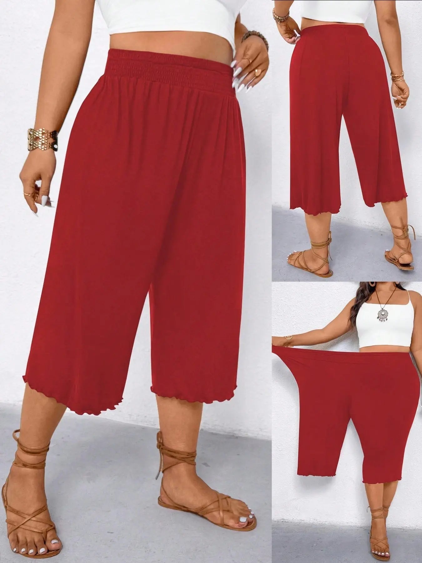 Women's Plus Size Wide Leg Capri Pants Scalloped Hem Culottes Smocked Elastic High Waist Cropped Trousers Casual Summer Lounge Flowy Trendy