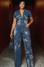 Denim Short Sleeeve Zipper Top Cargo Pants Casual 2pcs Set-Blue [Pre Order]