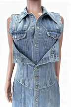 Denim Turndown Collar Sleeveless Slit Slim Fit Casual Maxi Dresses-Blue