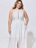 Lace Shirred Waist Halter Neckline Midi Dress